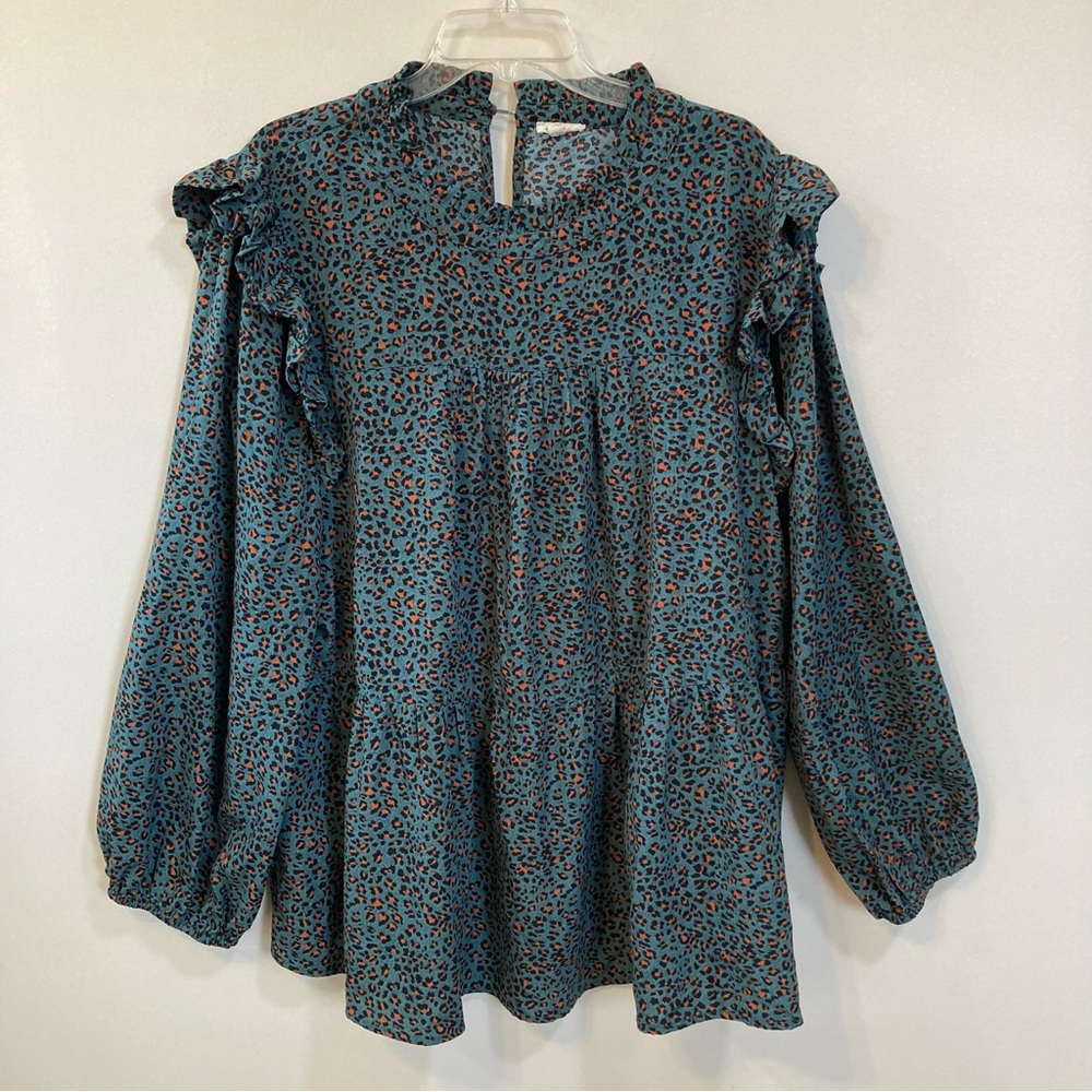 Jodifl Leopard Print Ruffle Collar Long Sleeve Sz 3X Peplum Top Green